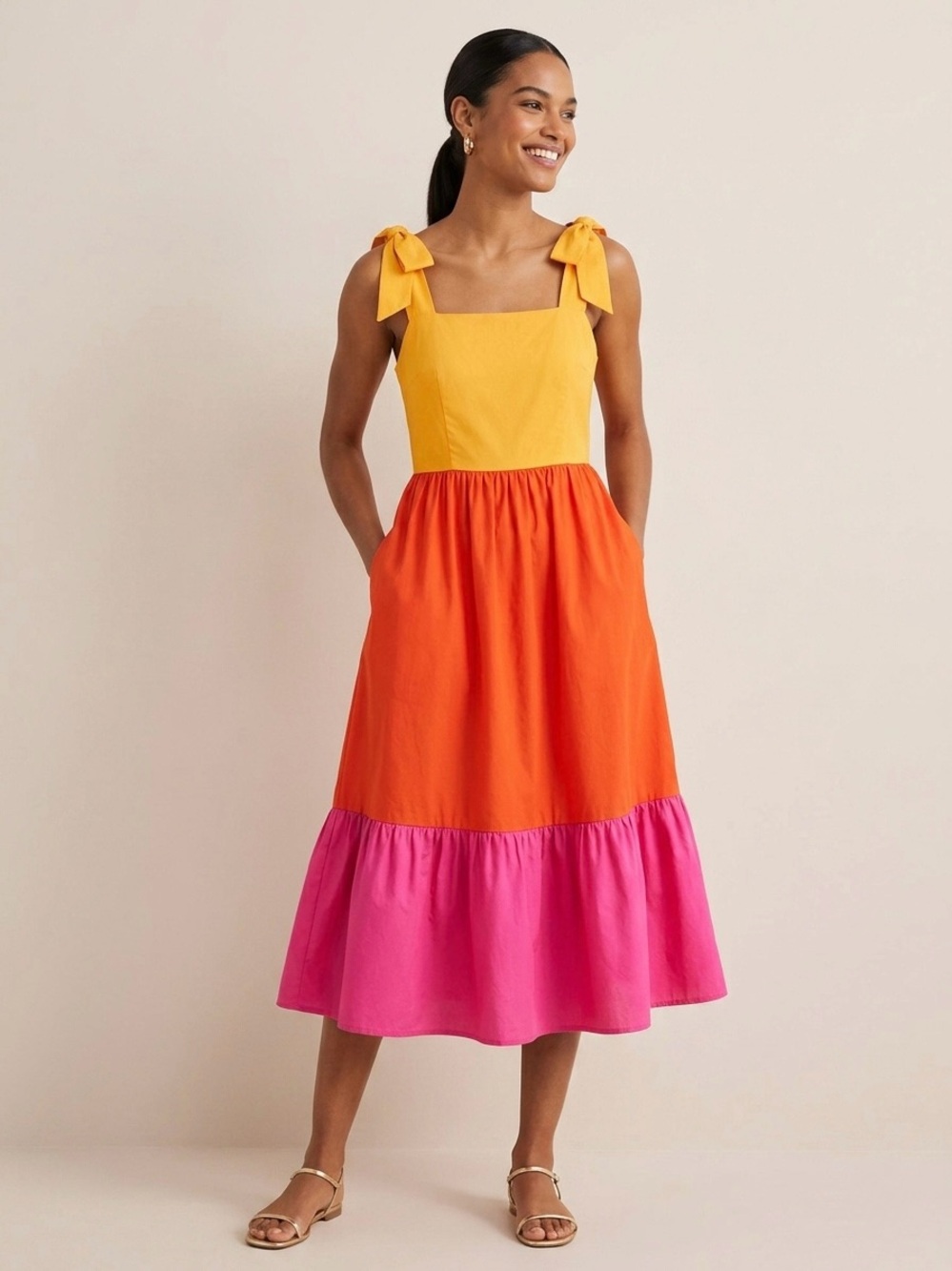 Marc New York Colorblock Tiered Midi Dress Sunset Yellow Orange Pink Bows M